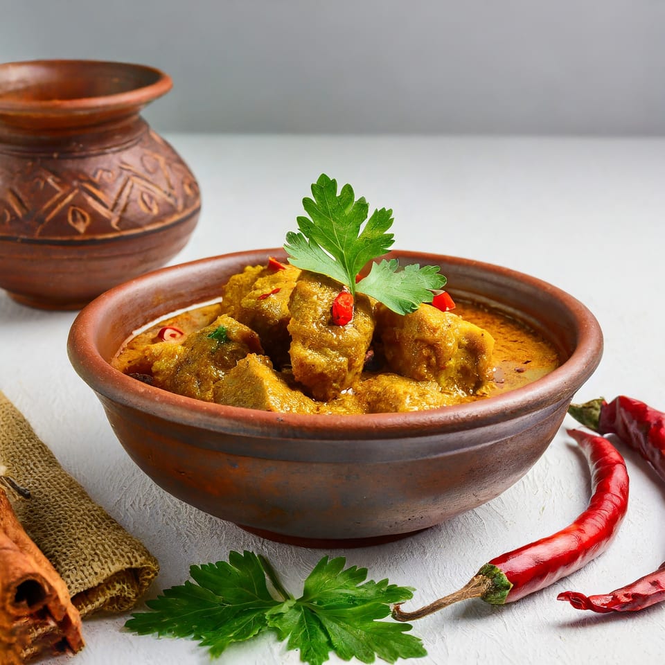 Swagat Indian Cuisine's chicken curry in a rustic bowl, garnished with cilantro and red chilies.