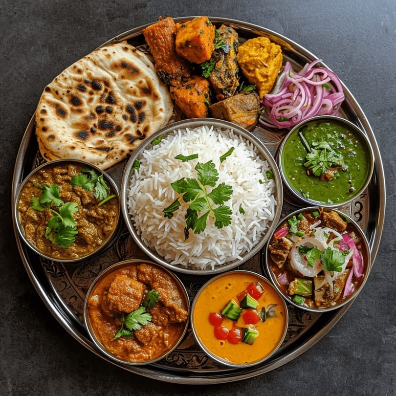A Swagat Indian Cuisine thali with naan, rice, curries, paneer, and pickled onions on a silver tray.