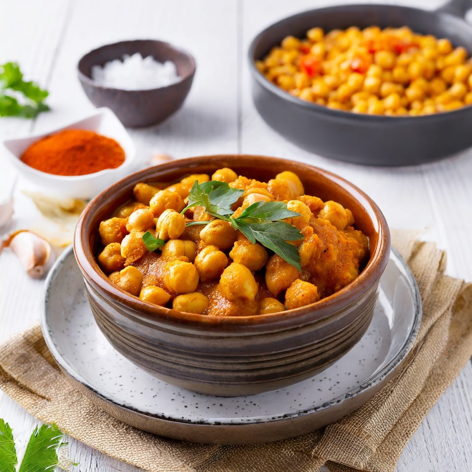 A bowl of Swagat Indian Cuisine's chana masala, garnished with cilantro, on a white wooden table.