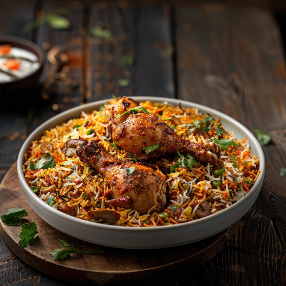A large bowl of Swagat Indian Cuisine's chicken biryani with two drumsticks, rice, and vegetables.