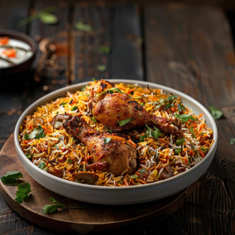 A large bowl of Swagat Indian Cuisine's chicken biryani with two drumsticks, rice, and vegetables.