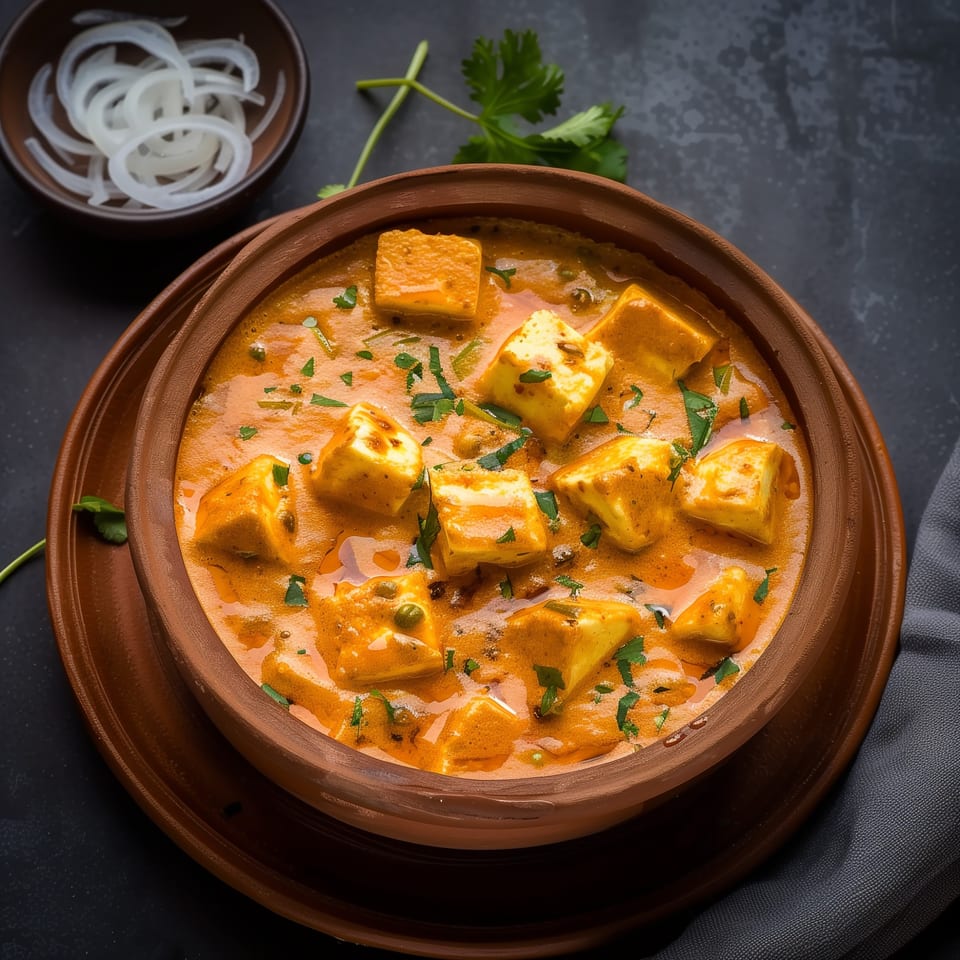 Swagat Indian Cuisine's paneer butter masala, a rich orange curry with paneer cubes and cilantro.